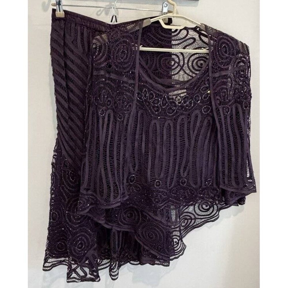 Soulmates Purple Crochet Silk Poly Beaded Shirt Maxi Skirt Cardigan Set Fairy M